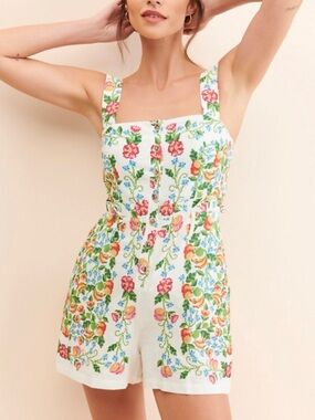 Farm Rio Crosstitch Print Floral Romper Belted Linen Blend Size Small